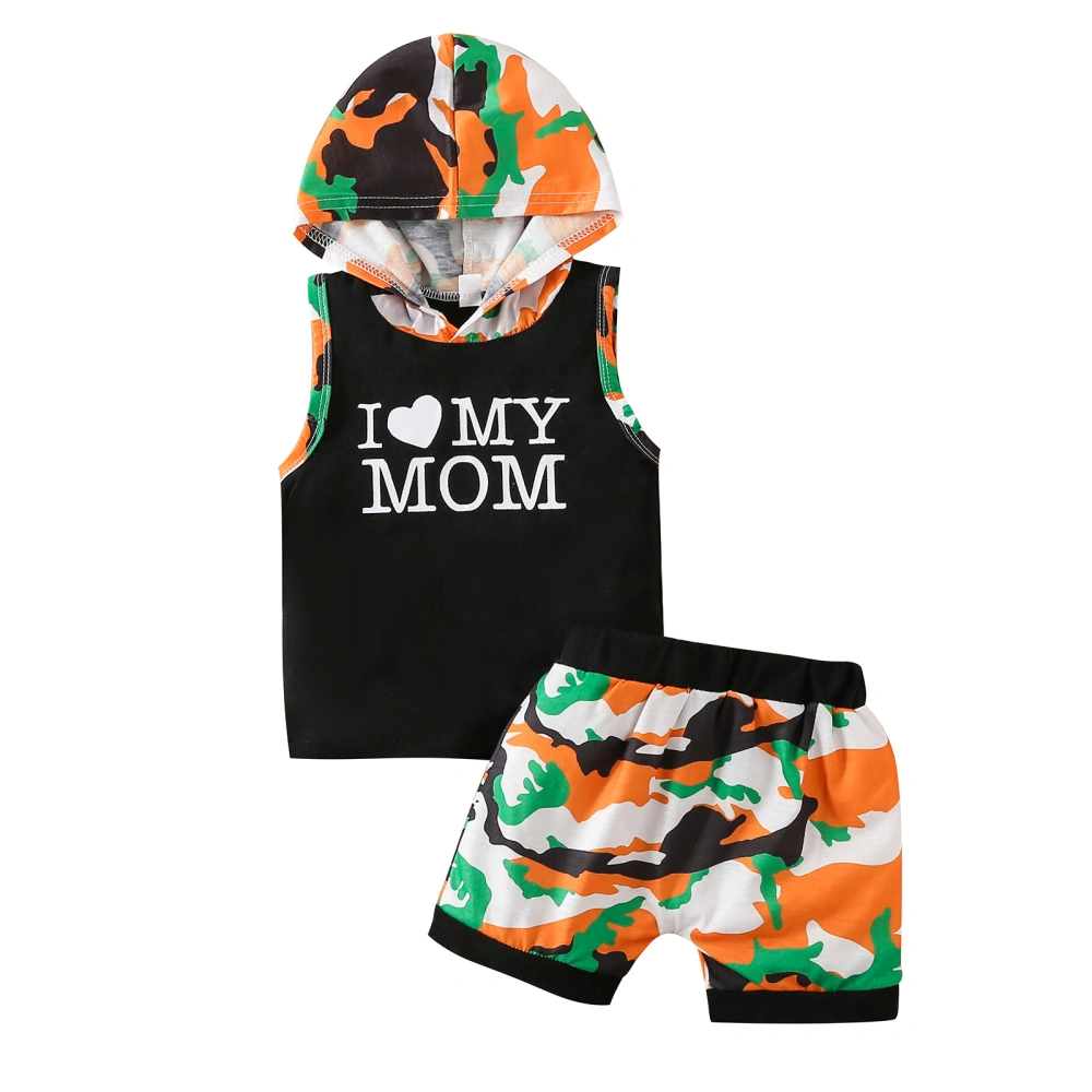 Boys Suit Set, Letter Camouflage Print Sleeveless Hooded Tops+ Shorts