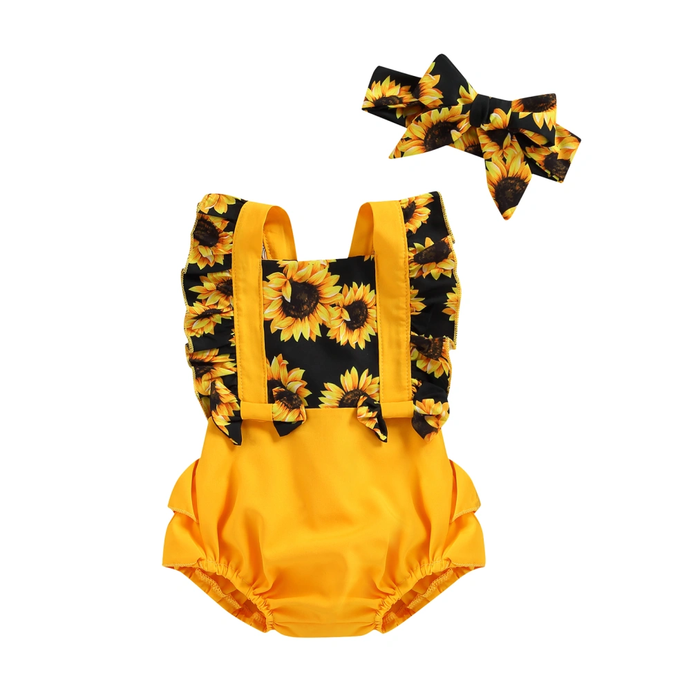 Infant Girls Clothes Set, Stitching Flower Ruffle Bodysuit + Hairband