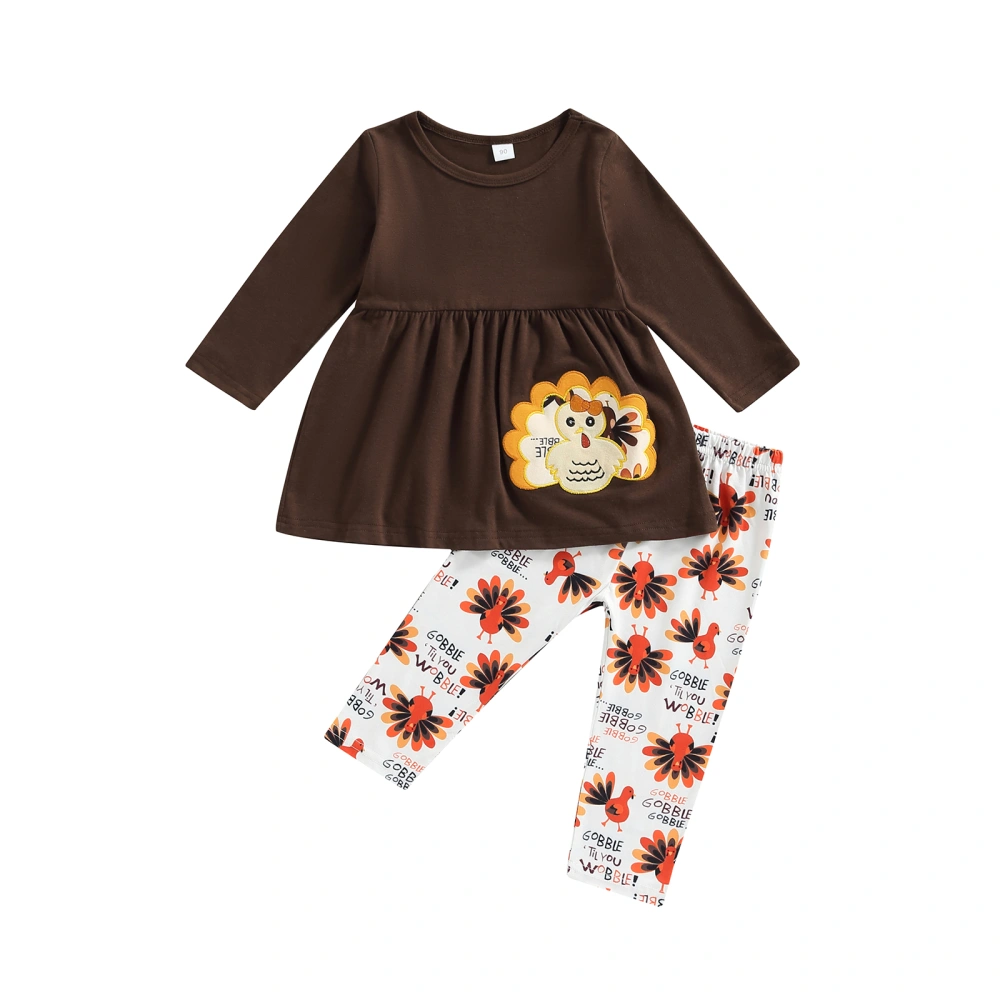 Girls Thanksgiving Outfits, Round Neck Tops + Turkey Print Pants