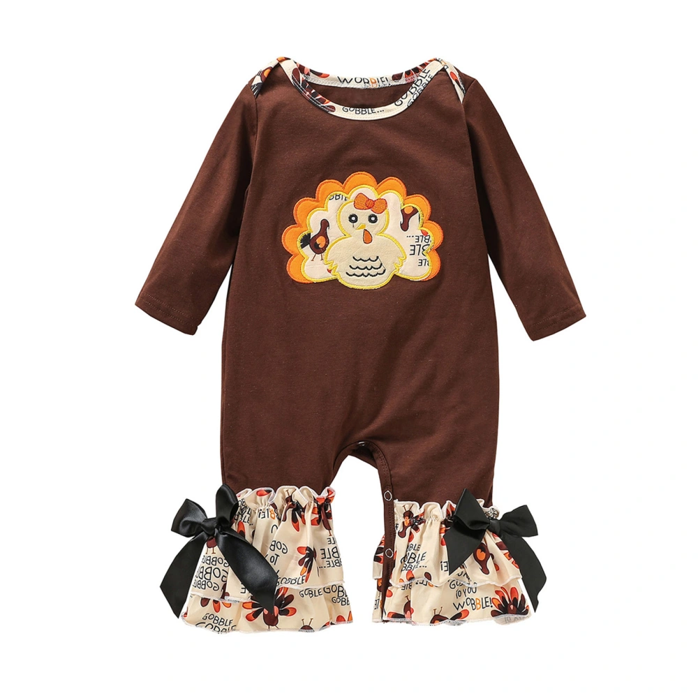 Baby Girl’s Cartoon Turkey Embroidery Round Neck Long Sleeve Jumpsuit