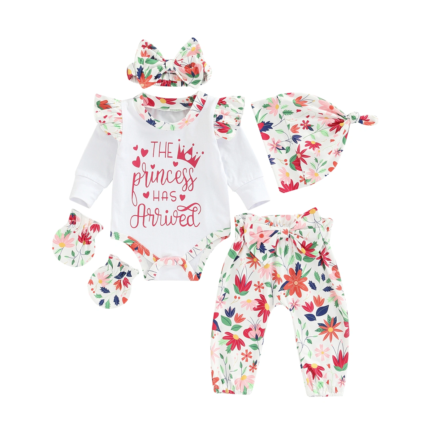 Baby Girls 5Pcs Outfits, Romper + Pants + Headband + Hat + Gloves Set