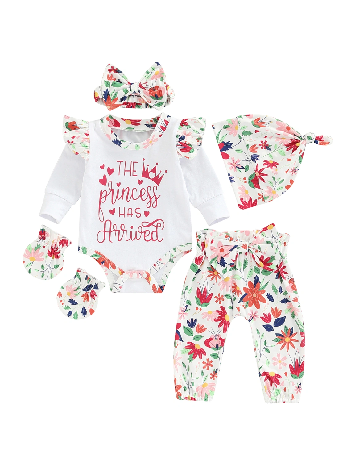 Baby Girls 5Pcs Outfits, Romper + Pants + Headband + Hat + Gloves Set