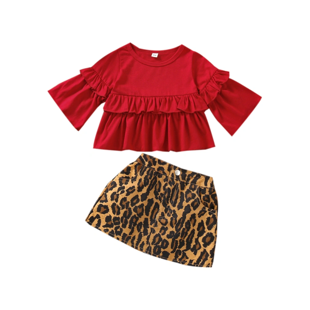 Girl’s Solid Color Trumpet Sleeve T-shirt and Leopard Short Skirt Set