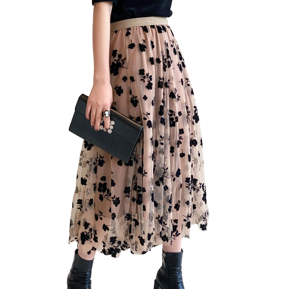 Women Tulle Skirts Elastic High Waist Floral Print Layered A Line Midi Skirt