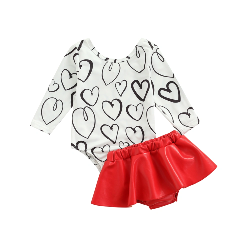 Girls Valentine's Day Suit, Heart Print Romper and Red Leather Skirt