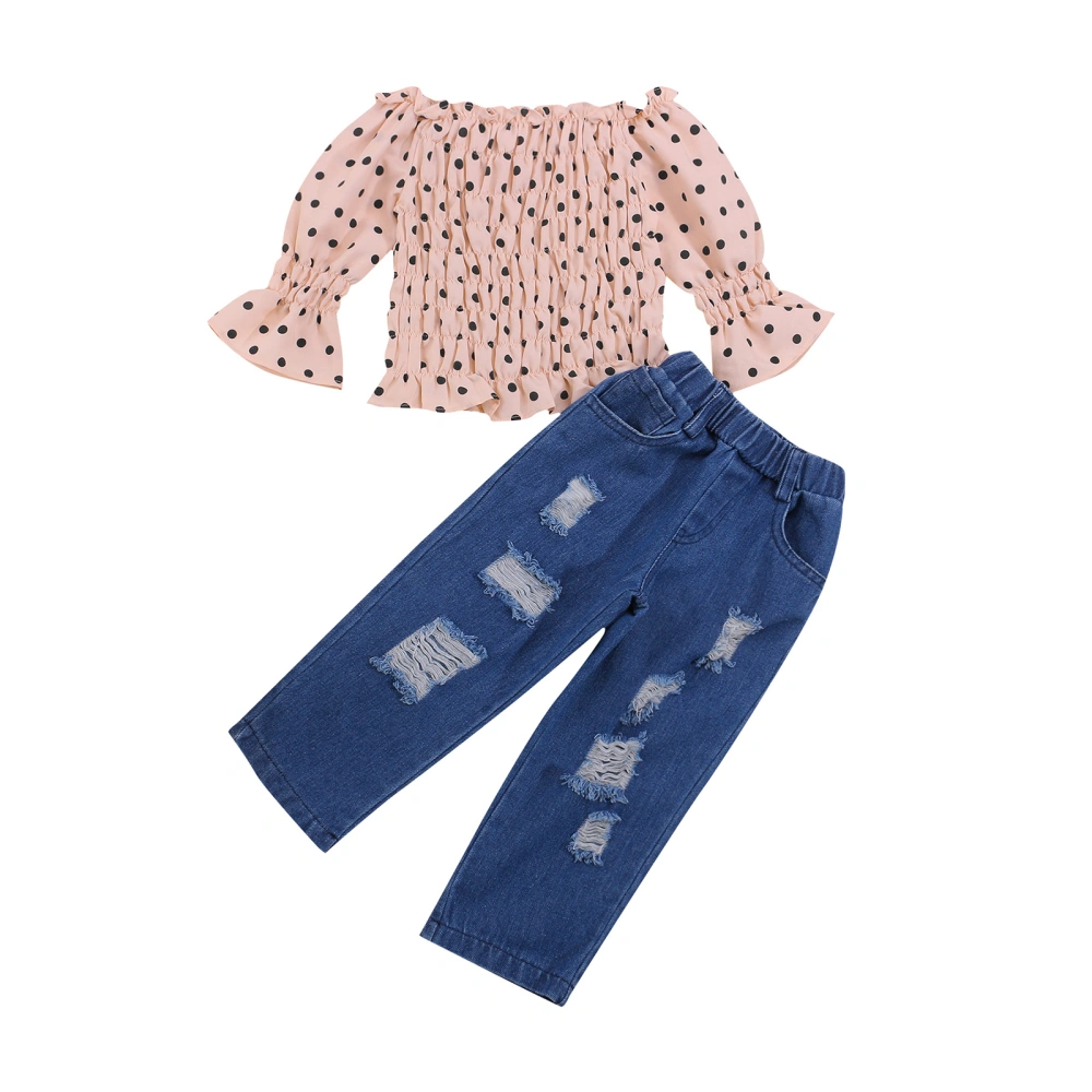 2PCS Toddler Girls Summer Outfits, Off Shoulder Tops + Ripped Jeans