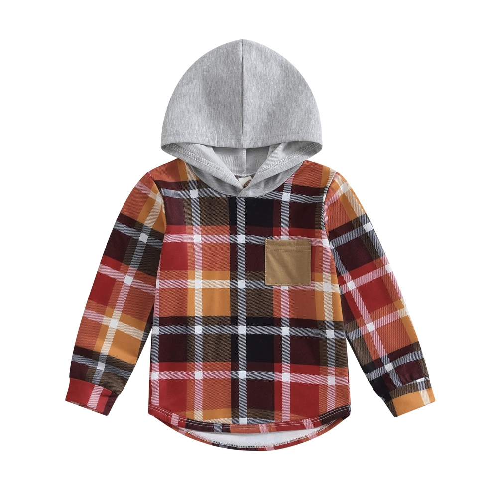 Boys Autumn Long Sleeve Plaid Hooded Sweatshirts with One Pocket