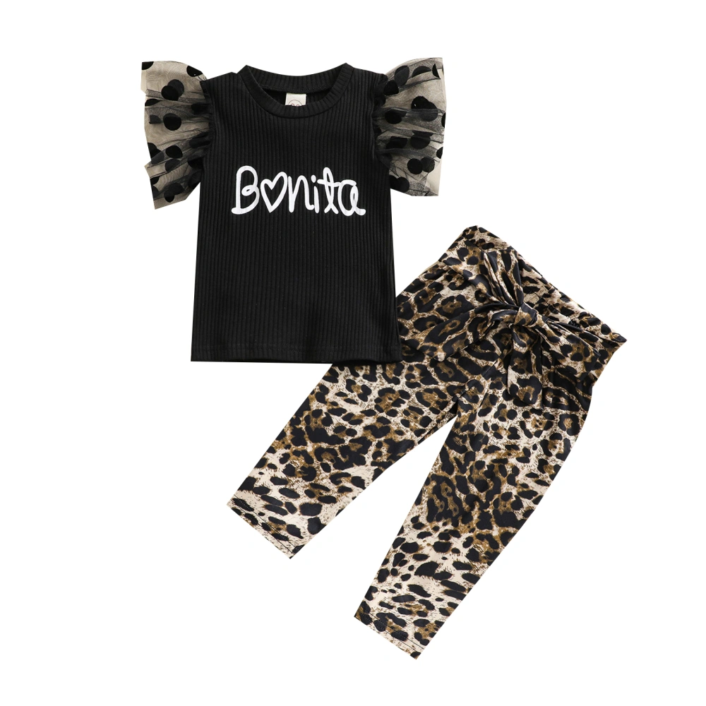 2Pcs Kid Tracksuit, Girls Ruffled-Sleeve T-Shirt + Leopard Print Pants