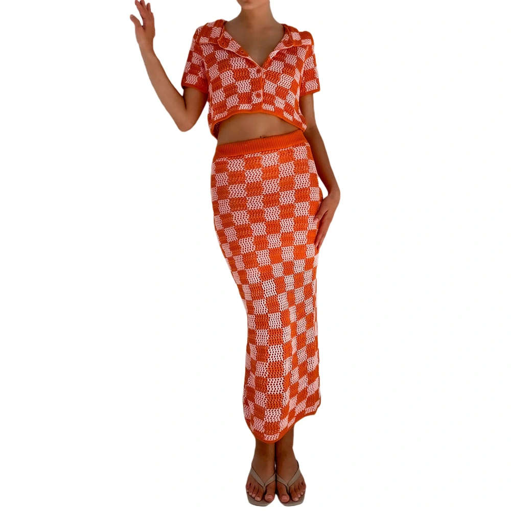 Women’s Two Piece Outfits, Knit Button Crop Tops and Long Skirt Set