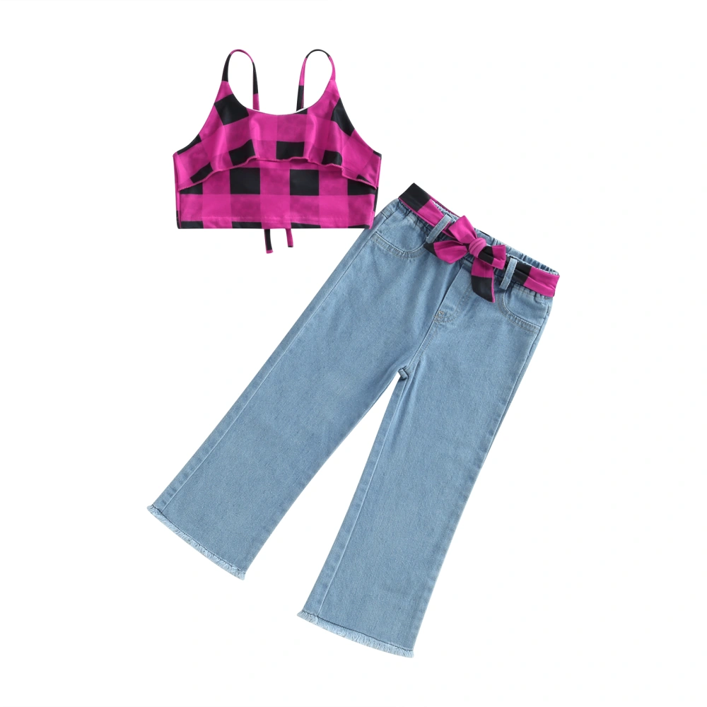 Girls Pants Set, Sleeveless Plaid Camisole Elastic Waist Jeans Belt