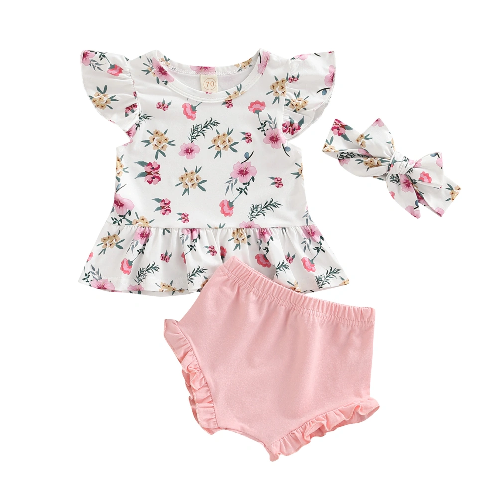 Girls Layette, Flower Print Fly Sleeves Tops, Shorts and Headdress