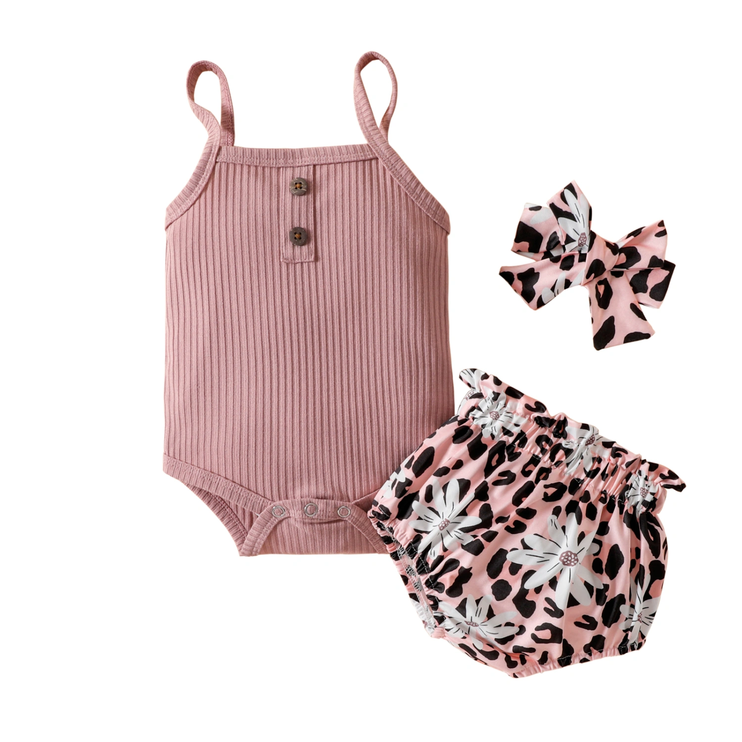 Baby Girl Outfit, Ribbed Strappy Romper + Floral Pantie + Headband