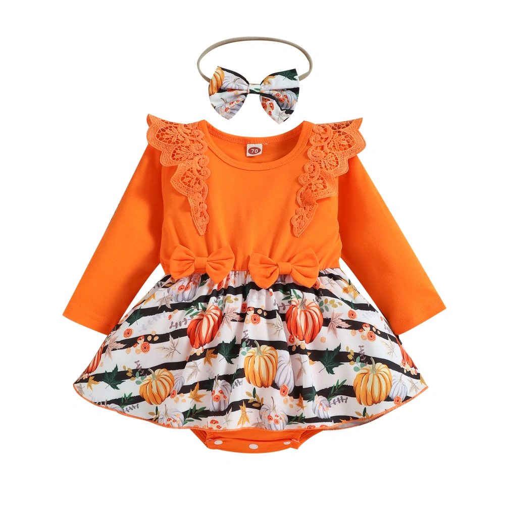 Baby Girls Pumpkin & Stripe Print Lace Bodysuit + Bow Headband