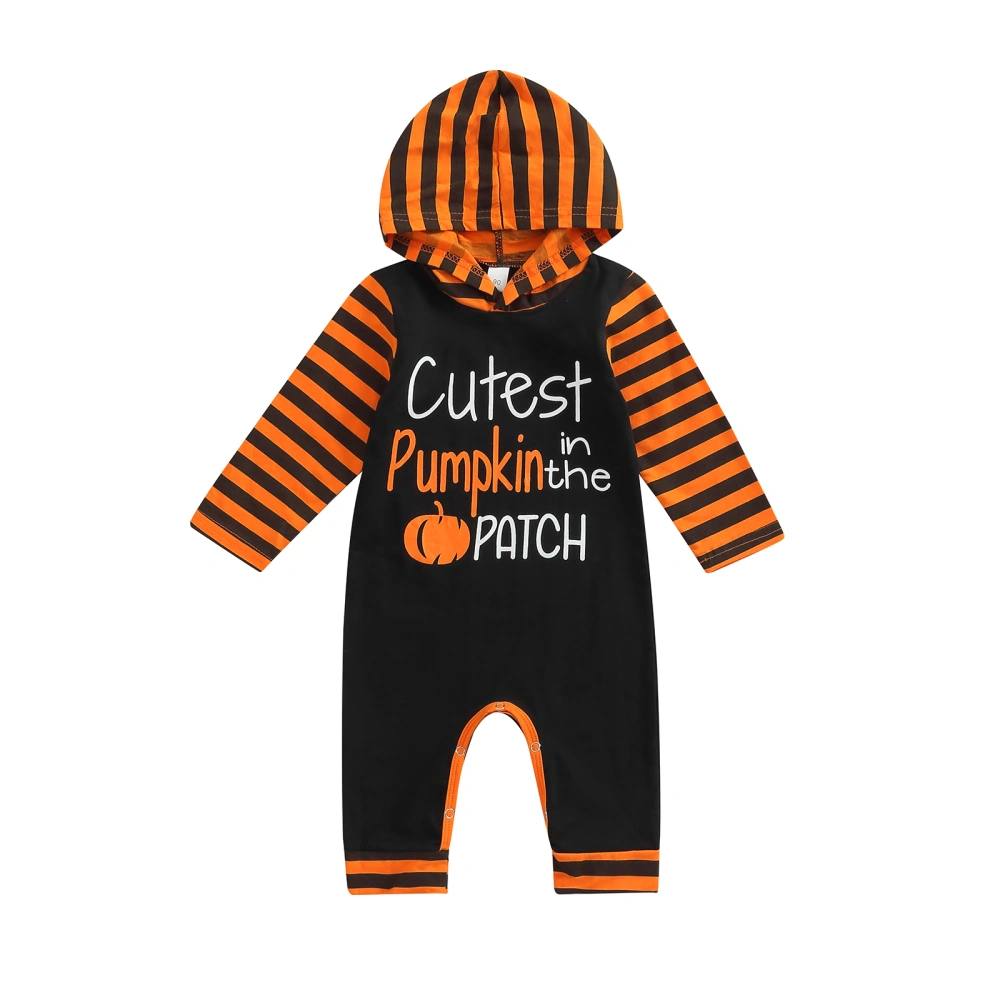 Baby’s Halloween Letter Stripe Printed Hooded Long Sleeve Jumpsuit