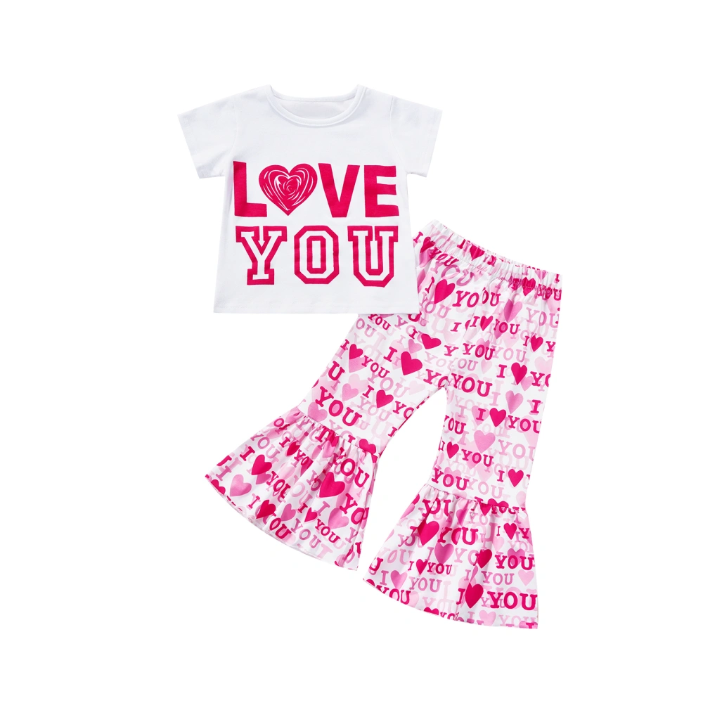 Girls Summer Suit, Short Sleeve Letter Tops+Printed Flared Long Pants