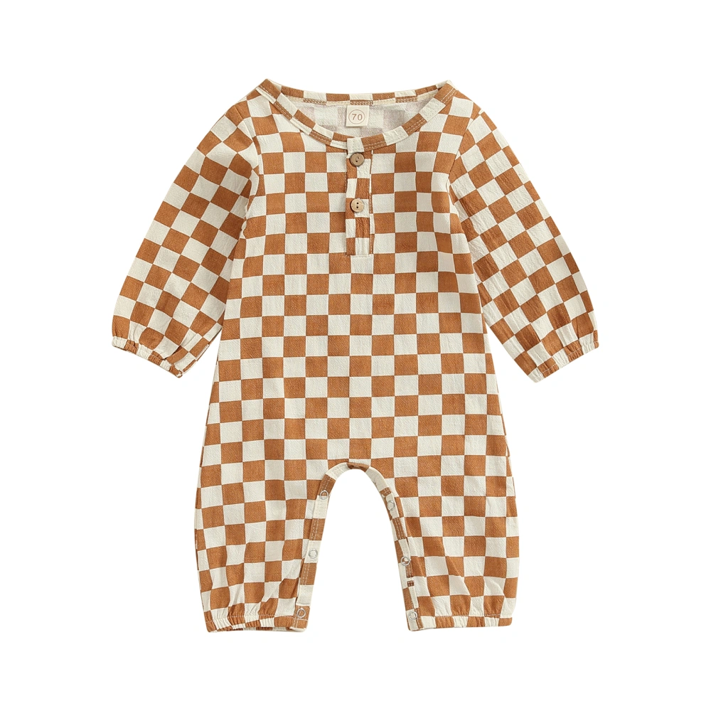 Baby Boys Girls Spring Romper, Long Sleeve Plaid Buttons Crew Romper