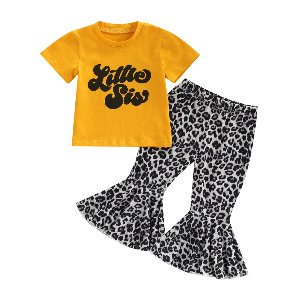 Girls Pants Set Letters Print T-shirt with Leopard Print Flare Pants