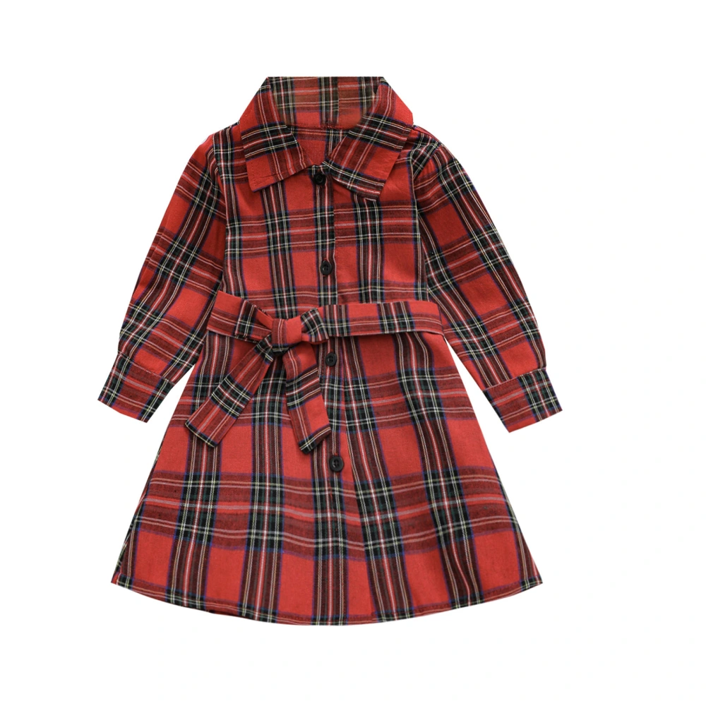 Girl’s Plaid Single-breasted Long Sleeve A-line Dress with Waist Belt