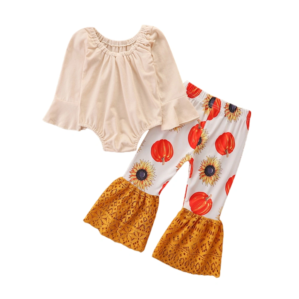 Halloween Solid Color Playsuit + Pumpkin & Sunflower Print Pants