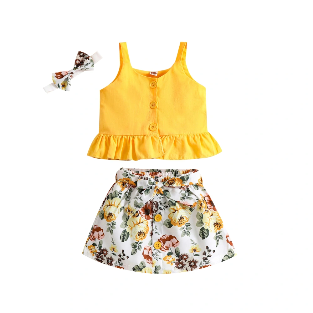 3Pcs Girls Outfit, Buttons Tank Tops + Floral Print Skirt + Hairband