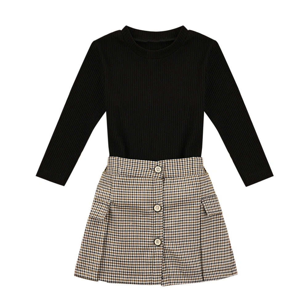 Girl Clothes Set, Solid Color Knitwear and Plaid Printed Pattern Skirt