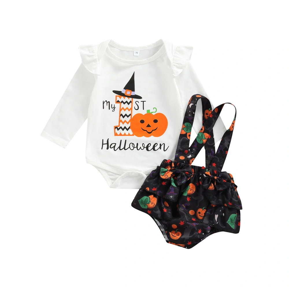 Baby Halloween Letter Long Sleeve Romper + Pumpkin Suspender Shorts