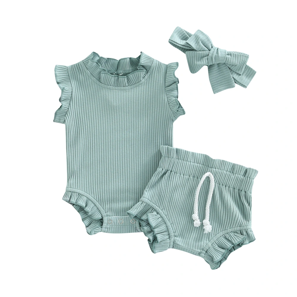 Baby Sleeveless Romper + Shorts + Bow Headband, Solid Color Clothing