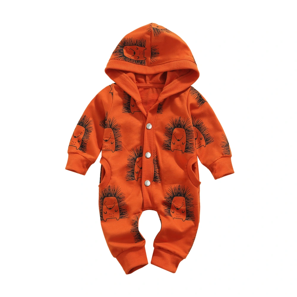 Babies Hooded Jumpsuit, Caramel Lion/ Tree Printed Pattern Romper