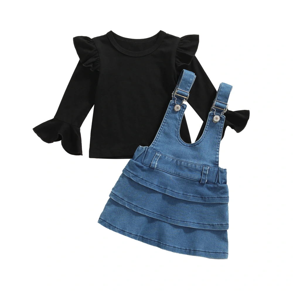 Baby Long Sleeve Tops + Denim Suspender Skirt, Ruffle Decoration