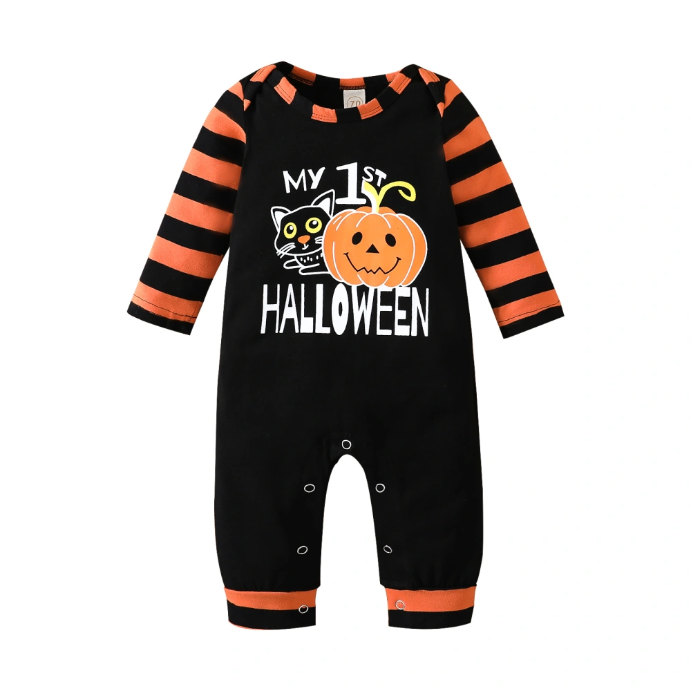 Halloween Toddler Stripe & Pumpkin & Cat & Letter Print Jumpsuit