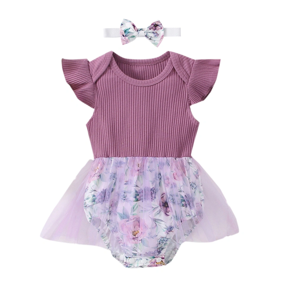 Baby Girls Romper Dress, Fly Sleeve Floral Print Tutu Skirt Bodysuit