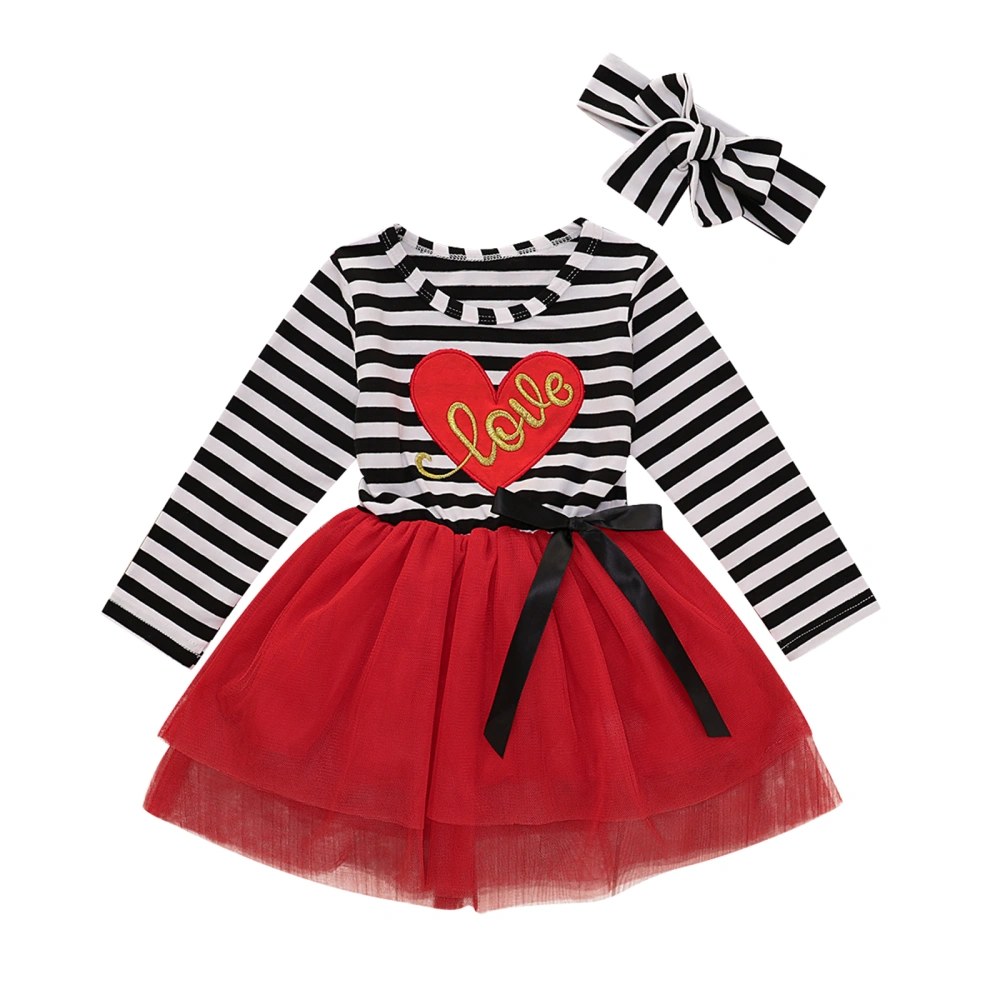 Girls Autumn Long Sleeve Striped Tulle Patchwork Dress + Headband