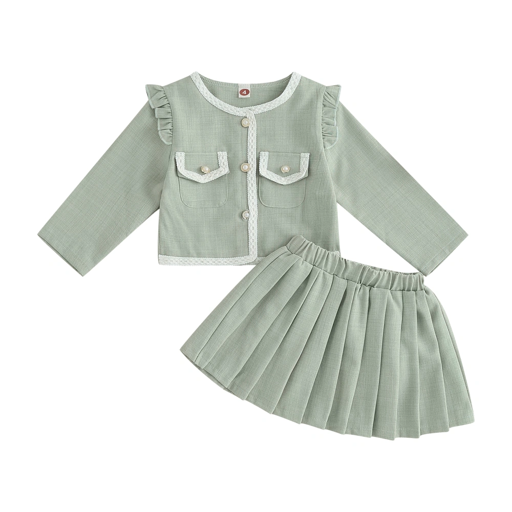 Girls Skirt Set, Long Sleeve Patchwork Jacket with Pleated Skirt