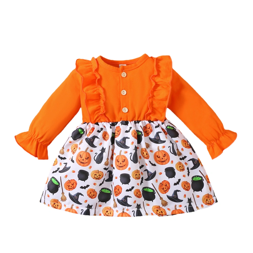 Girl’s Pumpkin Print Stitching Round Neck Long Sleeve A-line Dress