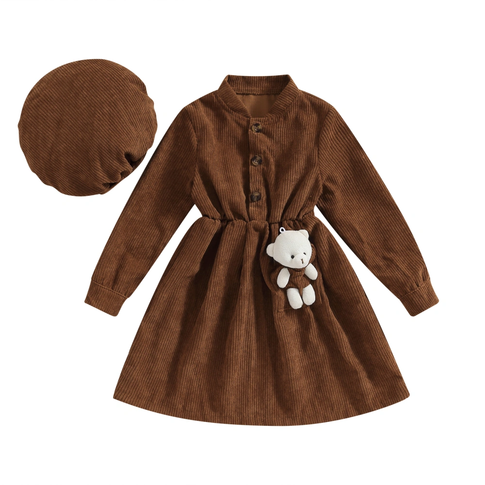 Girl Autumn Corduroy Dress Long Sleeve Dress with Bear + Beret