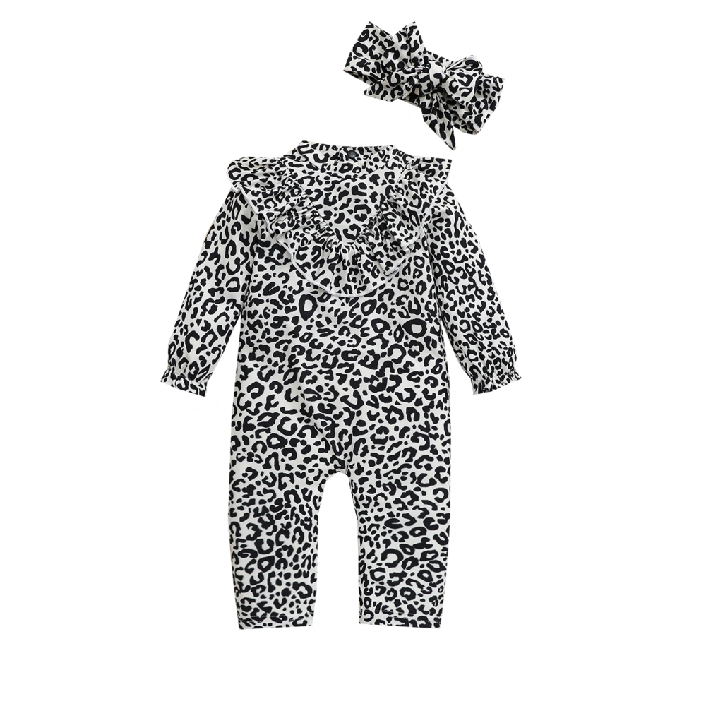 Baby 2Pcs Fall Outfits, Leopard Print Ruffle Romper with Headband