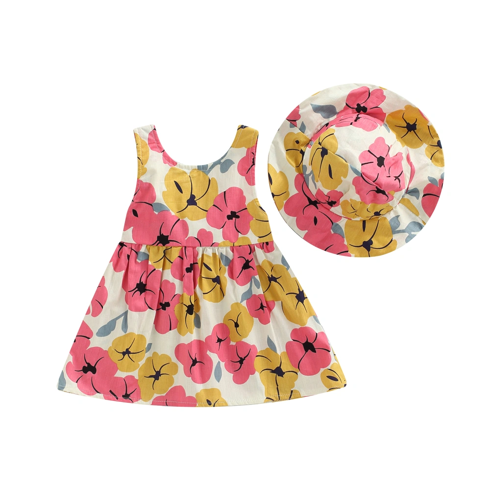 Toddler Girls Summer Sleeveless O Neck Floral A-line Dress + Round Hat