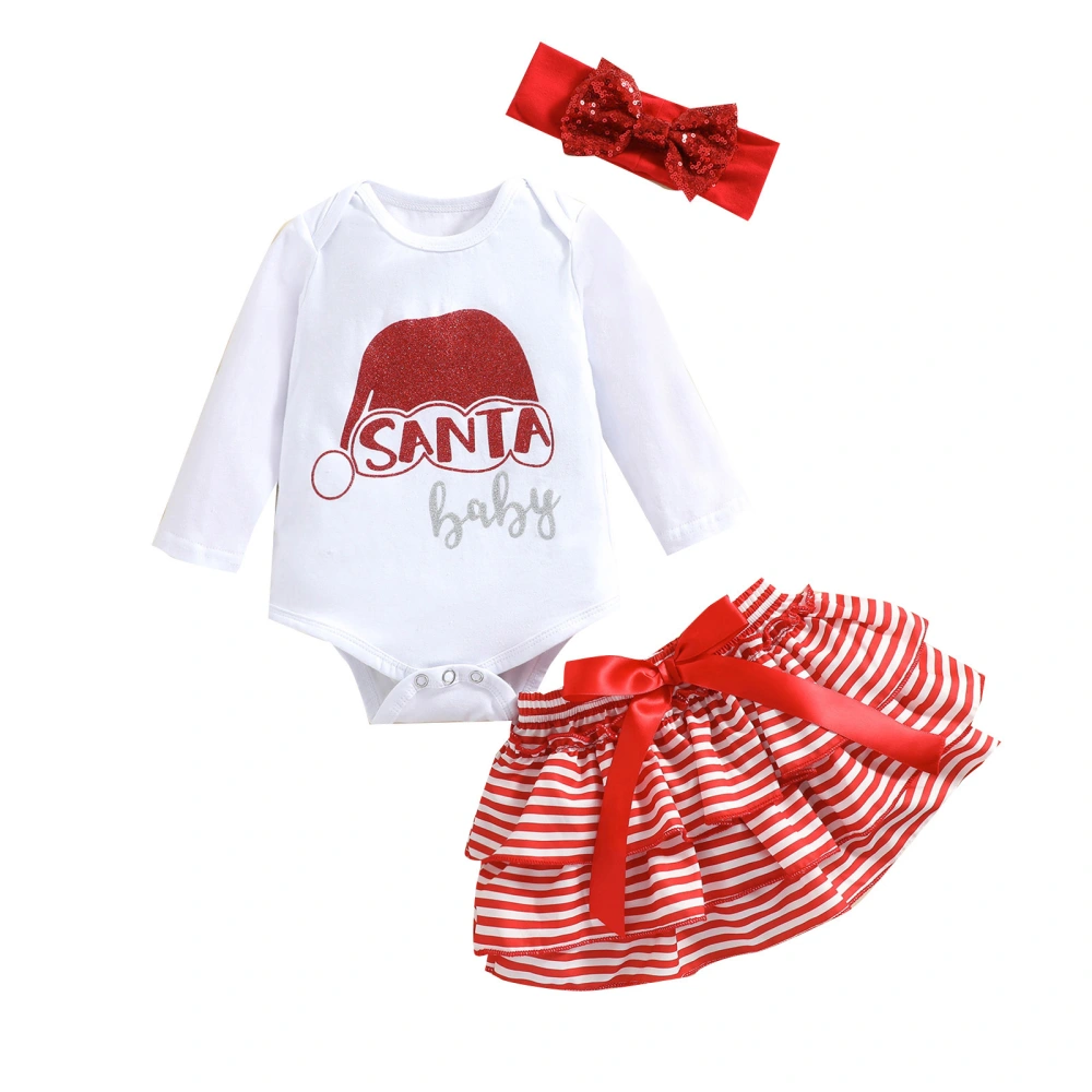 Girl’s Christmas Letter Romper and Stripe Short Skirt & Headband Set