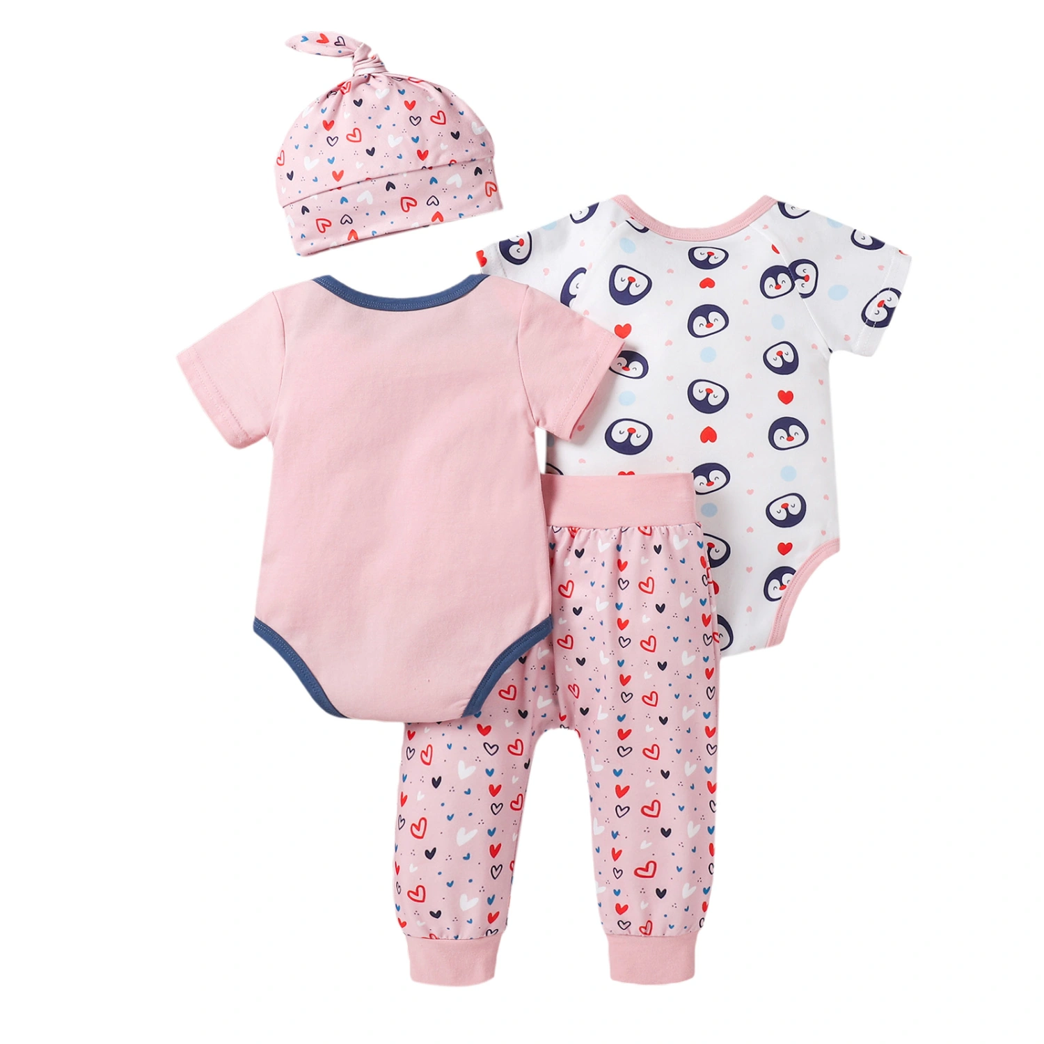 Baby Girls Clothes Set, Pink Printed Pattern Rompers, Pants and Cap