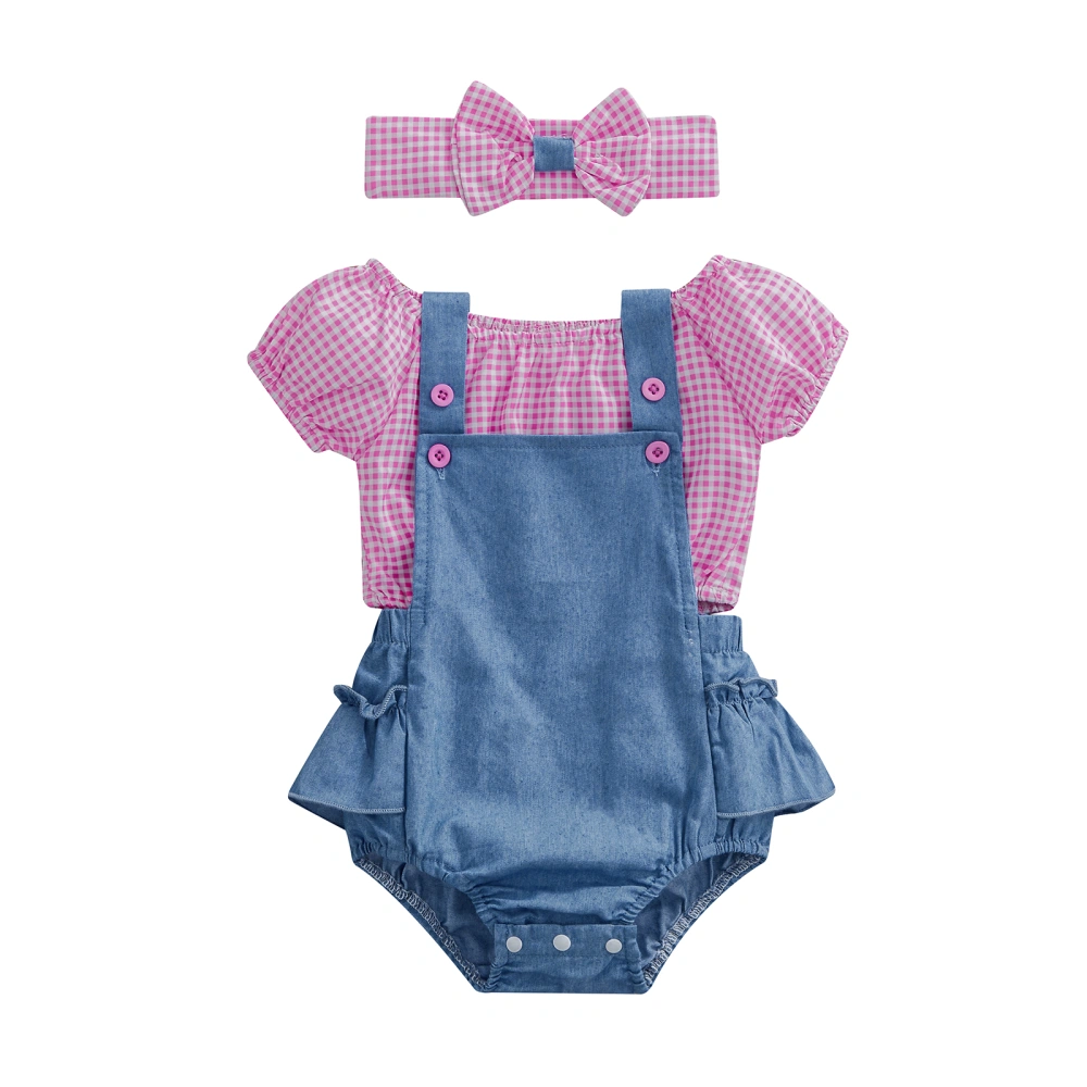 Infant 3 Pieces Outfits, Plaid Crop Tops + Romper + Headband Set