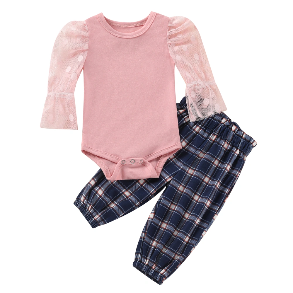 Baby Girls Clothes Set, Long Sleeve Romper and Plaid Print Trousers