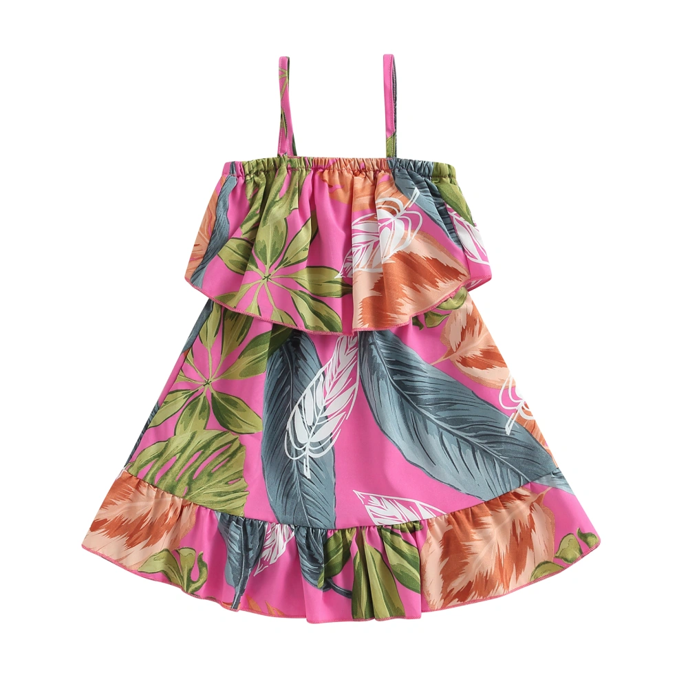 Toddler Girl Summer Dress Spaghetti Strap Leaf Print Ruffle Dress