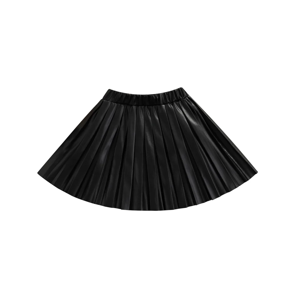 Kid Girl Leather Pleated Skirts, Solid Color Knee Length Skirt