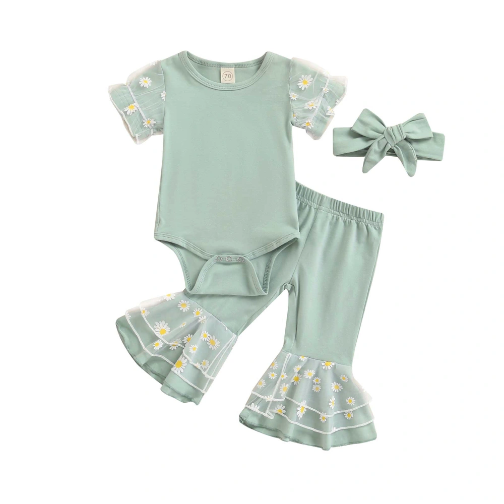 Baby Romper Suit Daisy Printed Mesh Romper + Flared Pants + Headband