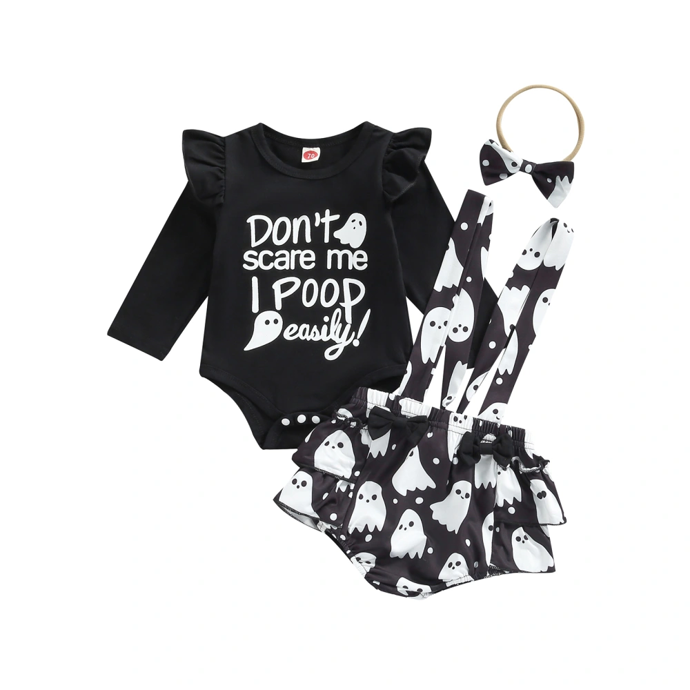 Baby Suit Set, O-Neck Long Sleeve Romper+ Suspender Culottes+ Headband