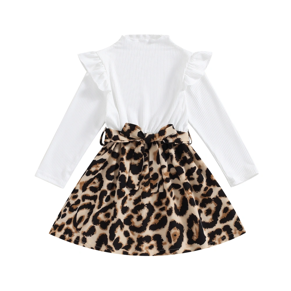 Girl Leopard Patchwork Dress, Long Sleeve Bowknot A-Line Dress