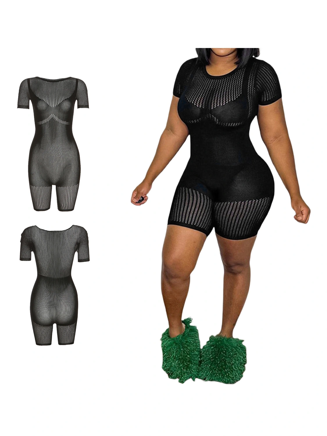 Women Solid Color Playsuits Knit Hollow-Out Crew Neck Short Jumpsuits