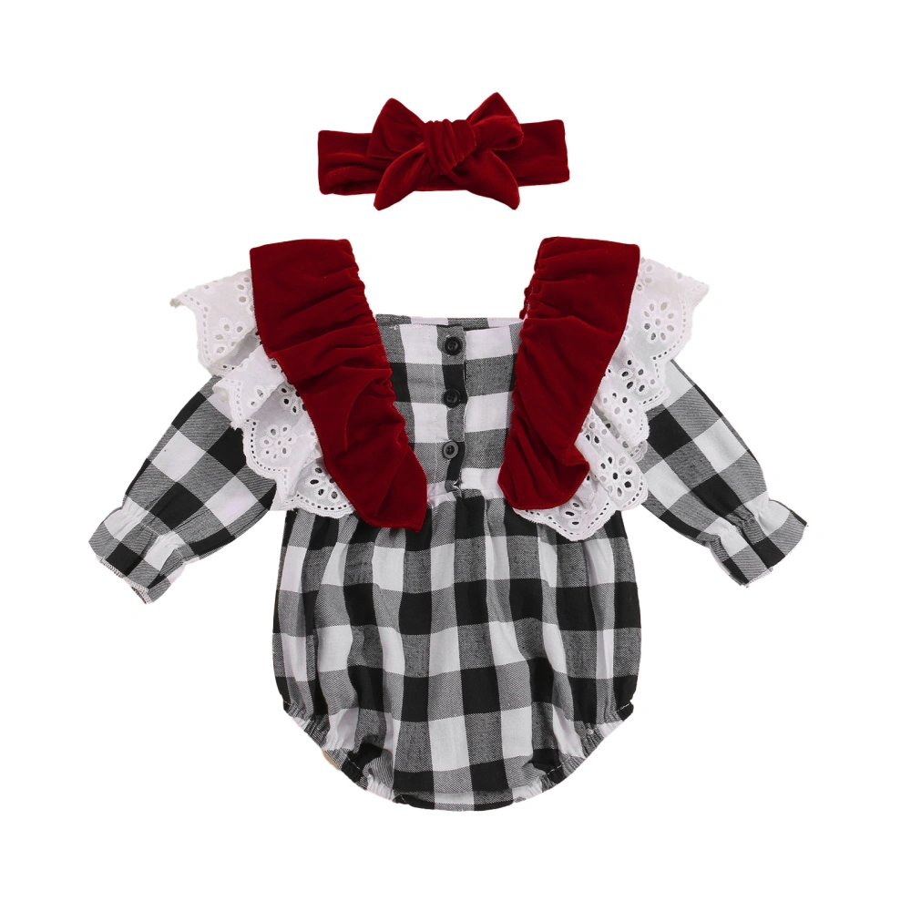 Baby Clothes Set, Plaid Printing Romper and Bow Knot Headdress