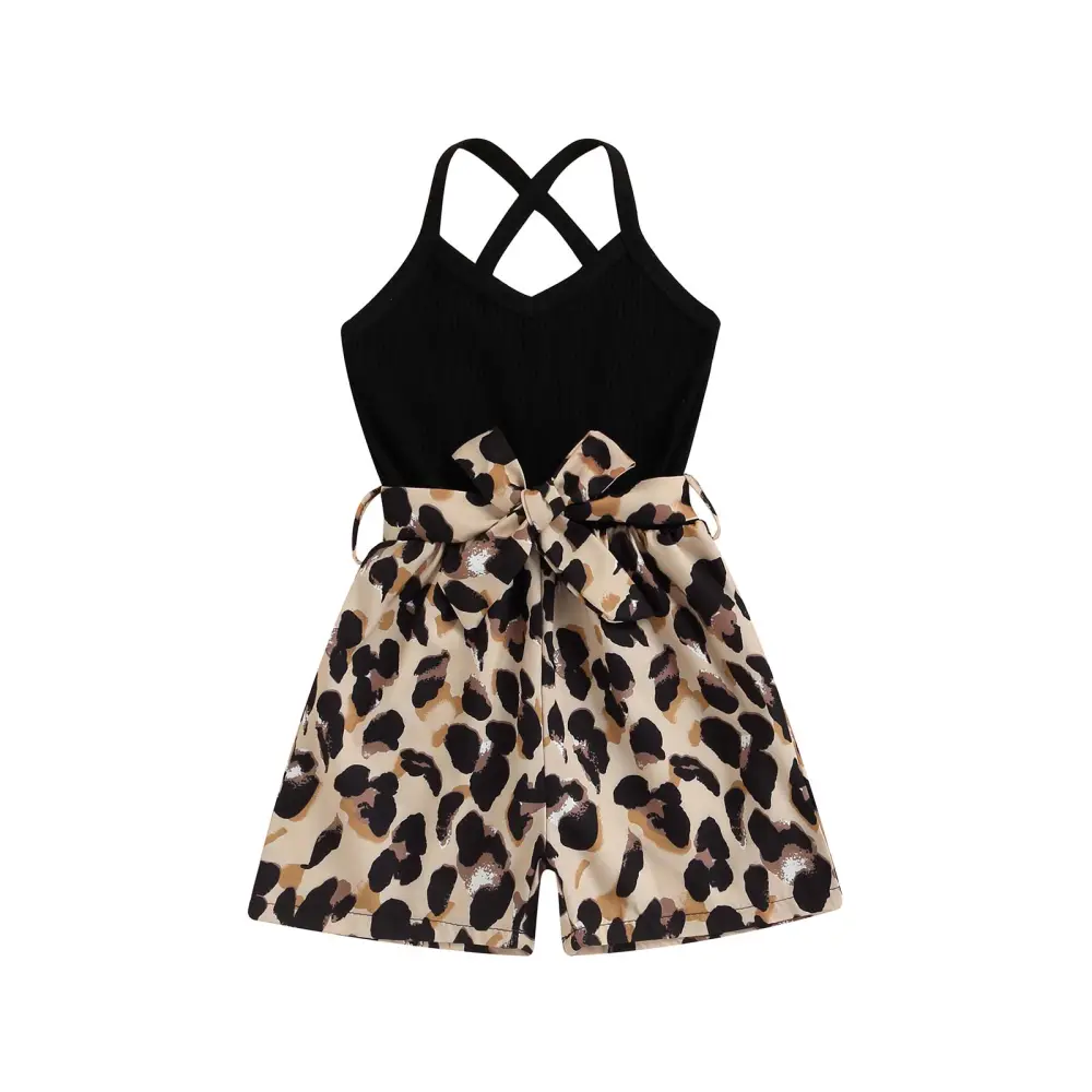 Girls Summer Sleeveless Backless Leopard Print Ribbed Playsuit