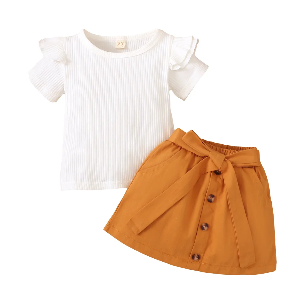 Baby Girl 2PCS Outfit, Short Sleeve Ruffle Tops, Buttons Short Skirt